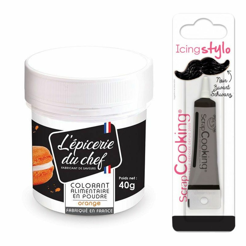 Colorant alimentaire en poudre orange 40 g + stylo glaçage noir