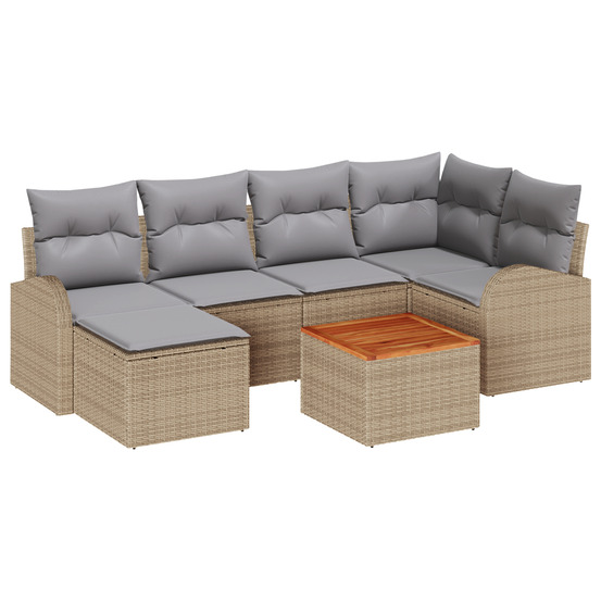 Ensemble de canapé de jardin de 7 pièces avec coussins beige en polyrattan et acacia