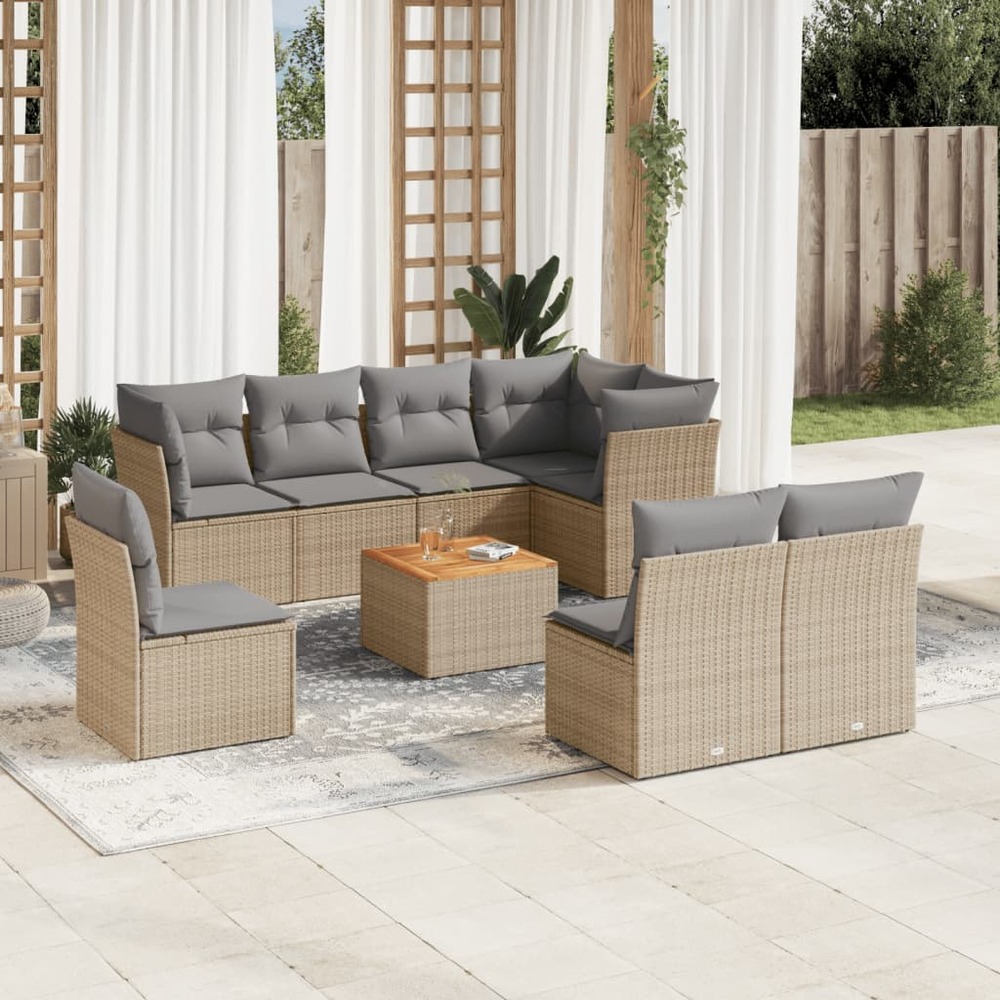 Salon de jardin avec coussins 9 pcs beige résine tressée