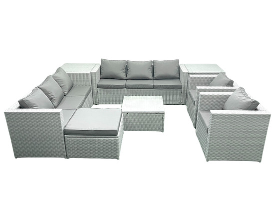 Salon de jardin en rotin avec 2 fauteuil table basse carrée grand tabouret 2 tables d'appoint gris clair mixte