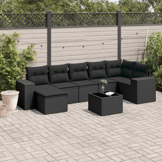 Salon de jardin 8 pcs avec coussins noir résine tressée