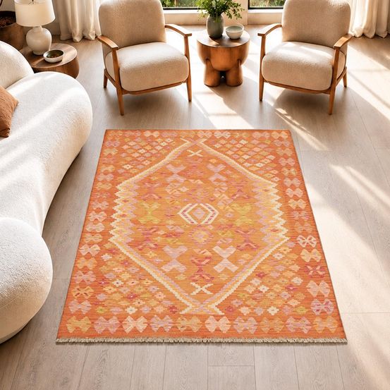 Tapis kilim 134 x 181 cm, orange, jaune et rose, en laine, kilim 57