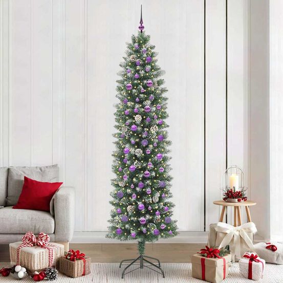 Sapin de noël féerique 240 cm fin et enneigé, 300 led 8 effets lumineux, kit déco complet inclus