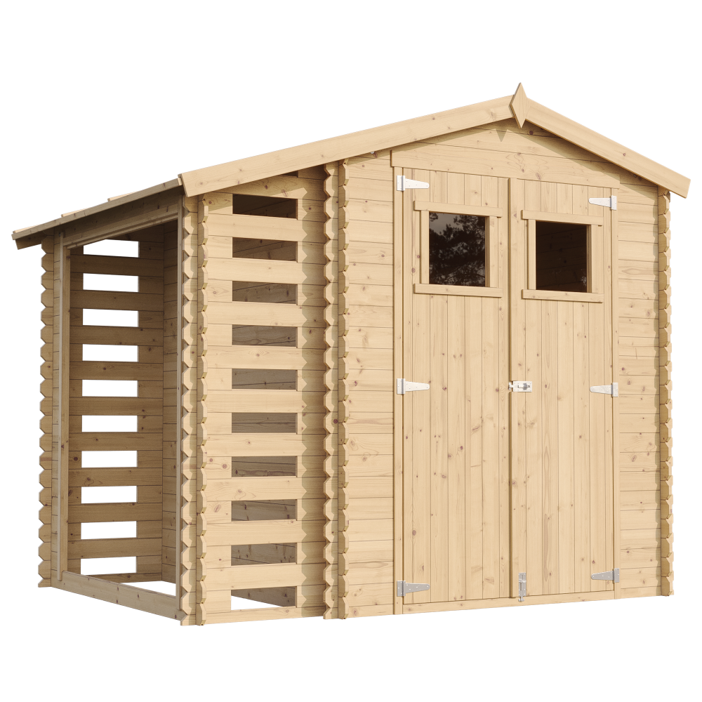 Abri de jardin en bois et range bûches extérieur avec sol traité - extérieur i206xl272xh218 cm/ 3,53 + 0,97 m2 - timbela m386+m386g