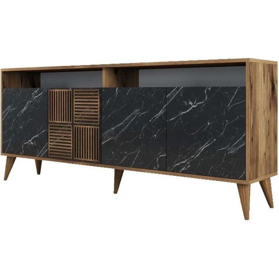 Buffet en aggloméré 4 portes milan noyer et imitation marbre noir