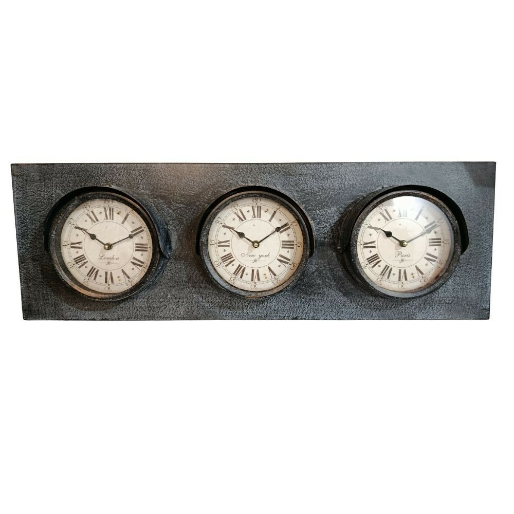 Horloge horizontale 3 cadrans en métal gris l.90 x l.12.5 x ht.30 cm