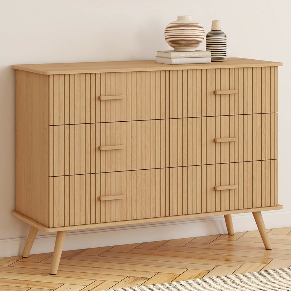 Commode 6 tiroirs juliette 110 cm effet lattes tasseau bois coloris chêne