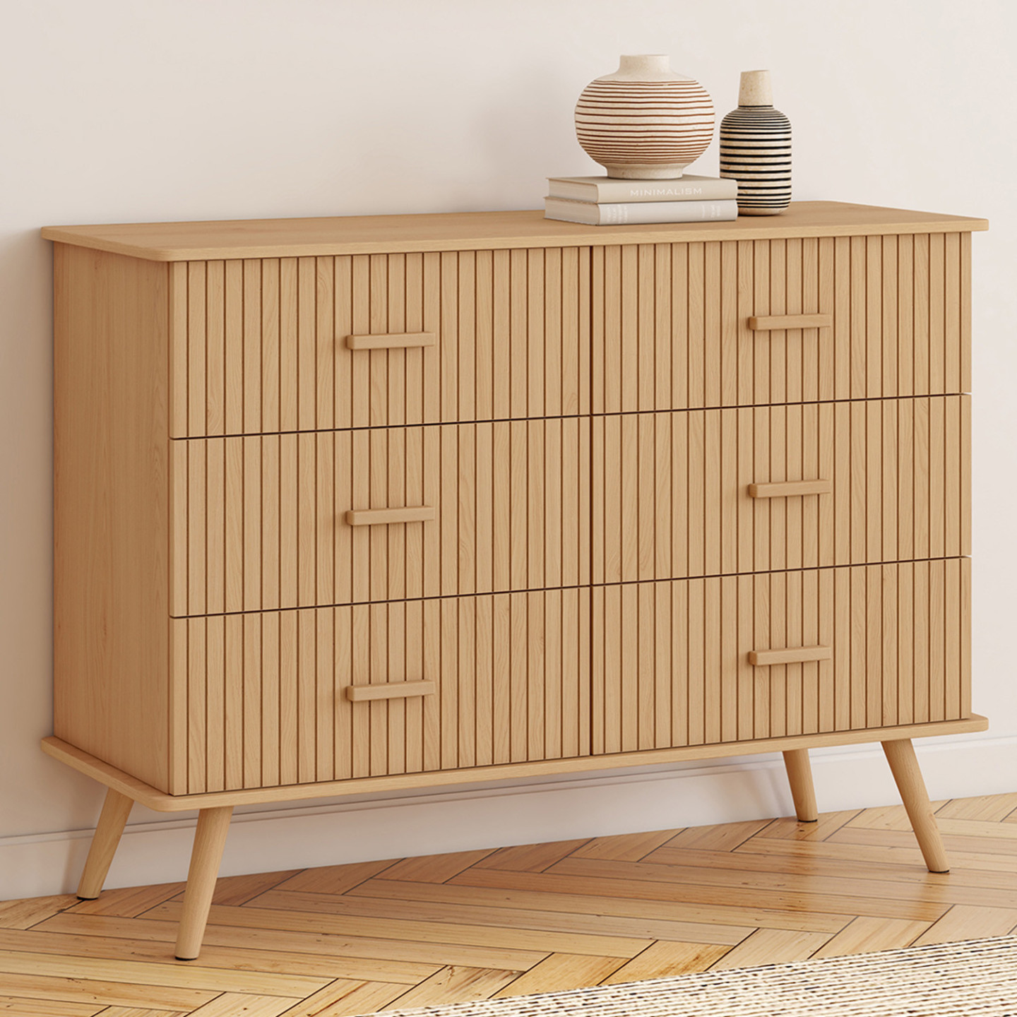 Commode 6 tiroirs juliette 110 cm effet lattes tasseau bois coloris chêne