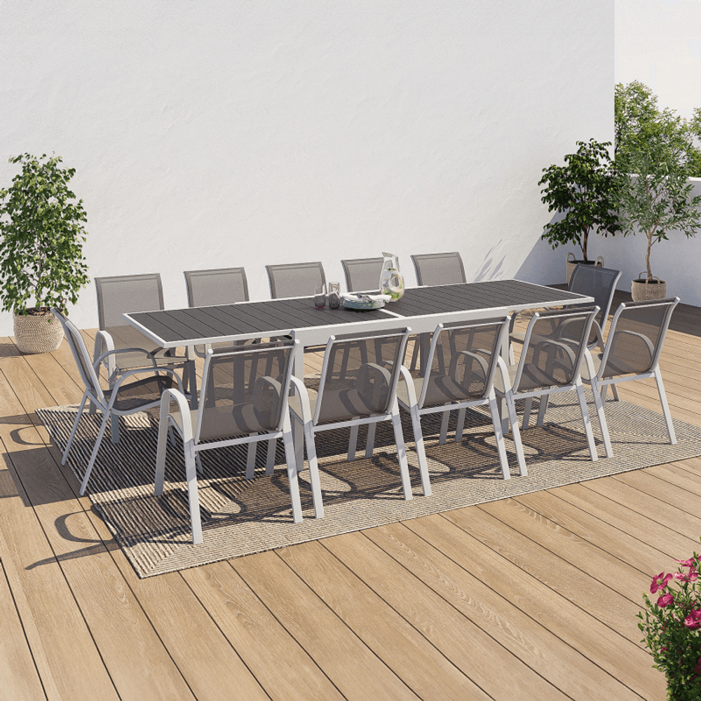 Salon De Jardin Extensible 12 Places Table 135/270cm Bois Et Noir - Chaises Empilables
