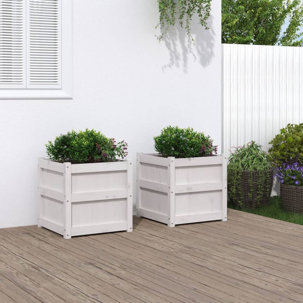 Lot de 2 jardinières carrées blanches en bois de pin pour jardin 50cm