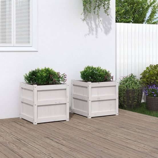 Lot de 2 jardinières carrées blanches en bois de pin pour jardin 50cm