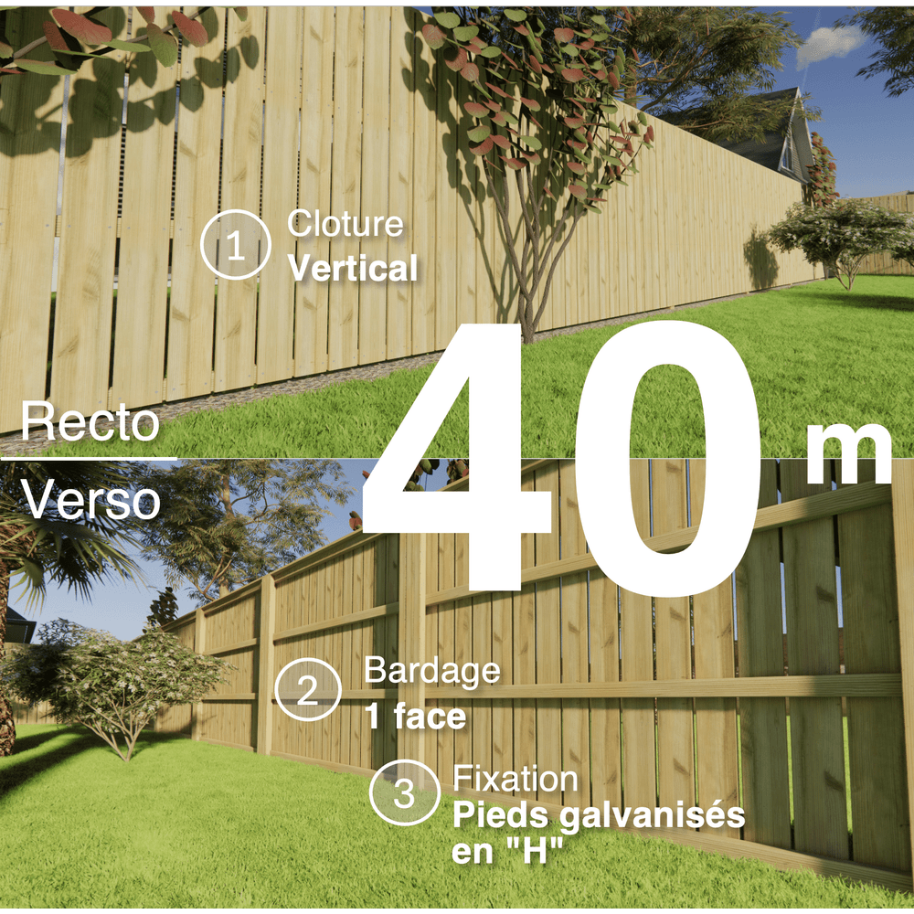 Kit clôture bois moderne 40m – h 1,9m – 21 x 145 mm autoclave vert – pose vertical – simple face – support galva
