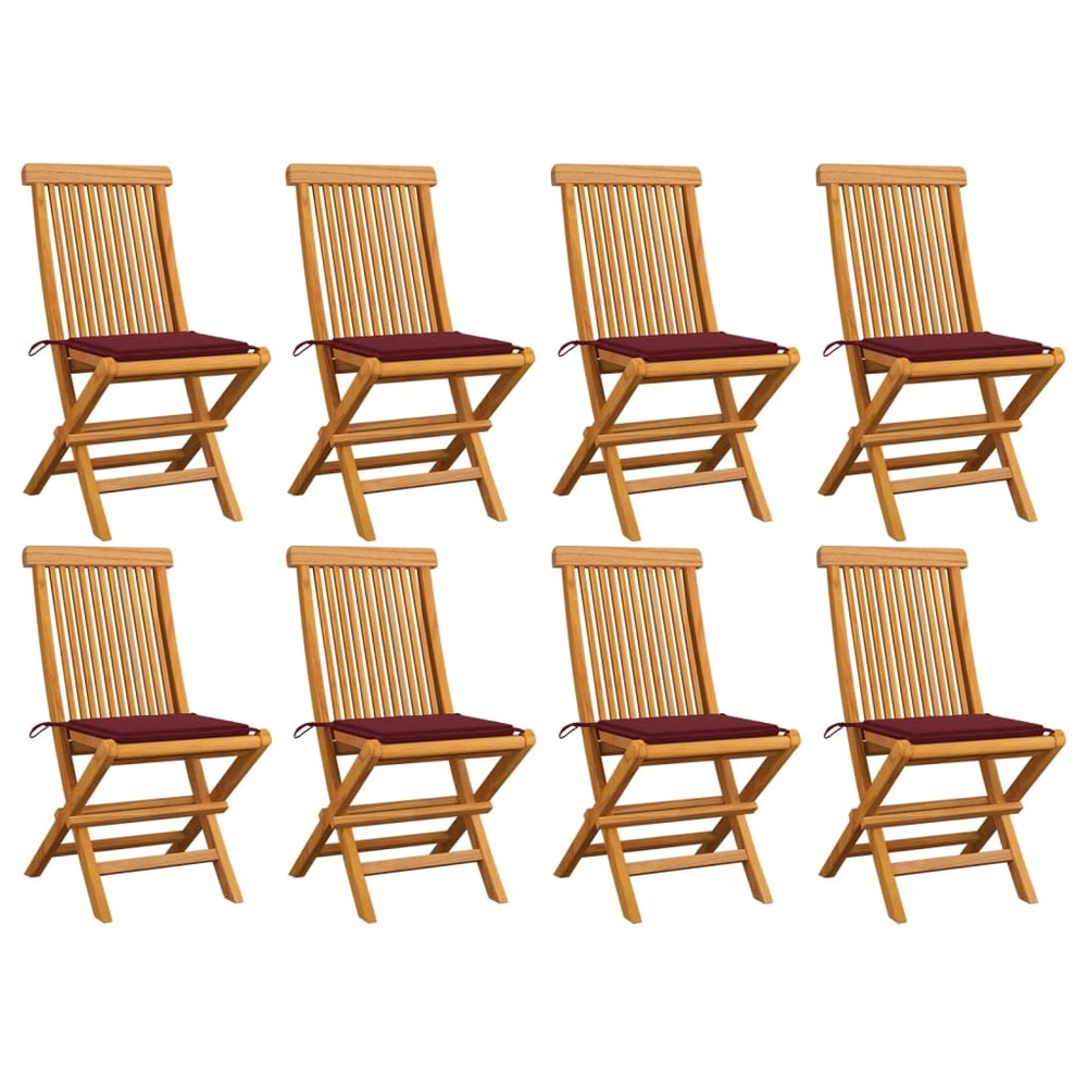 Chaises de jardin avec coussins bordeaux 8 pcs teck massif