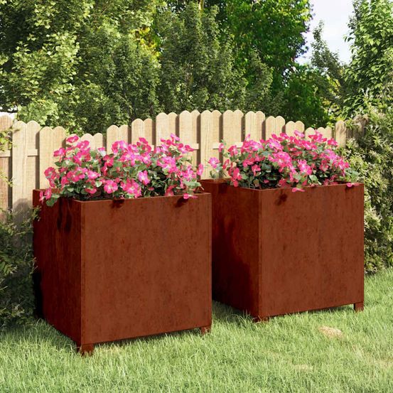 Lot de 2 jardinières sur pieds acier corten effet rouillé 49x47x50 cm