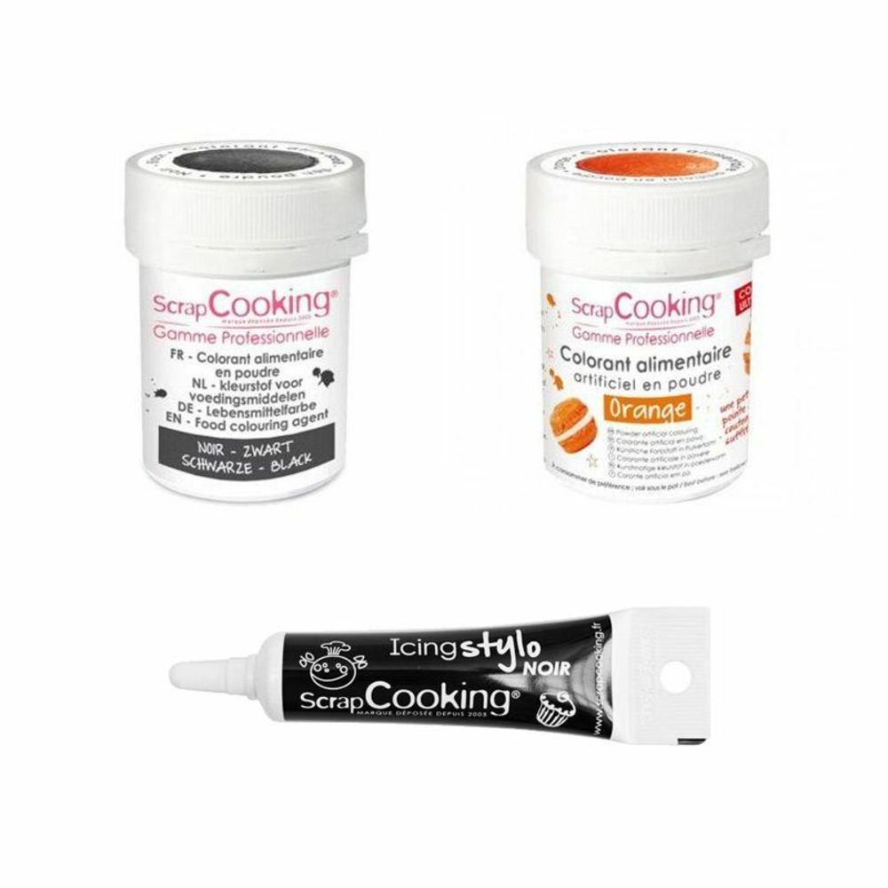 2 colorants alimentaires noir-orange + stylo glaçage noir