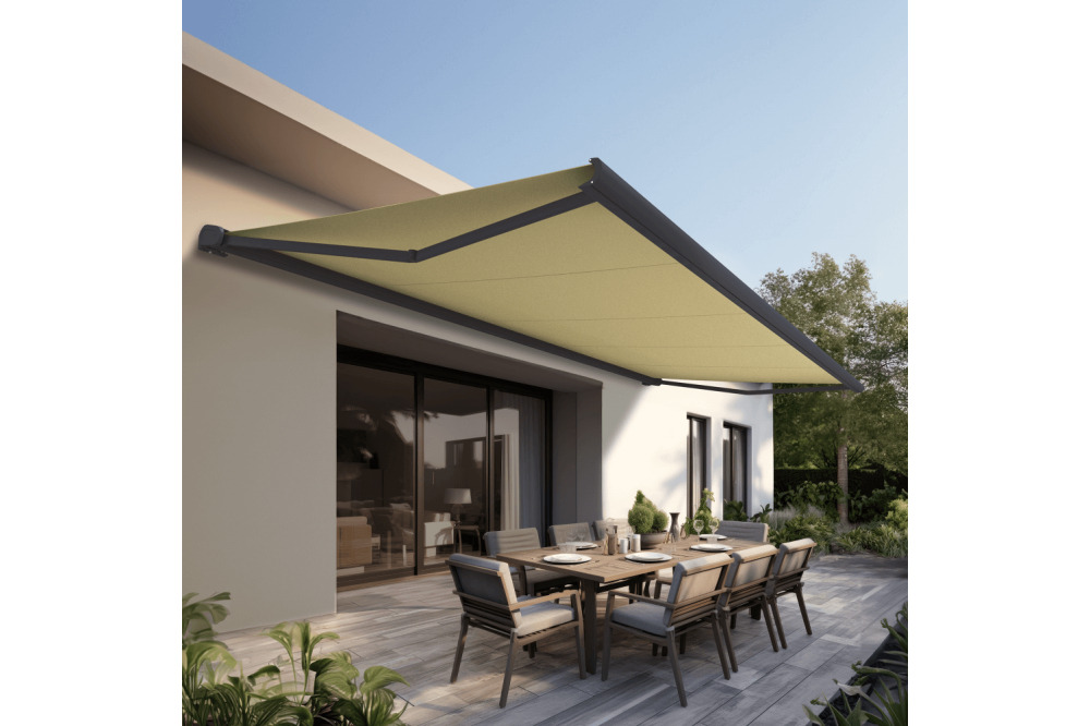 Store banne coffre intégral protect 2 smart gris anthracite 6x3,5m motorisé à  télécommande + capteur vent - toile ecrue