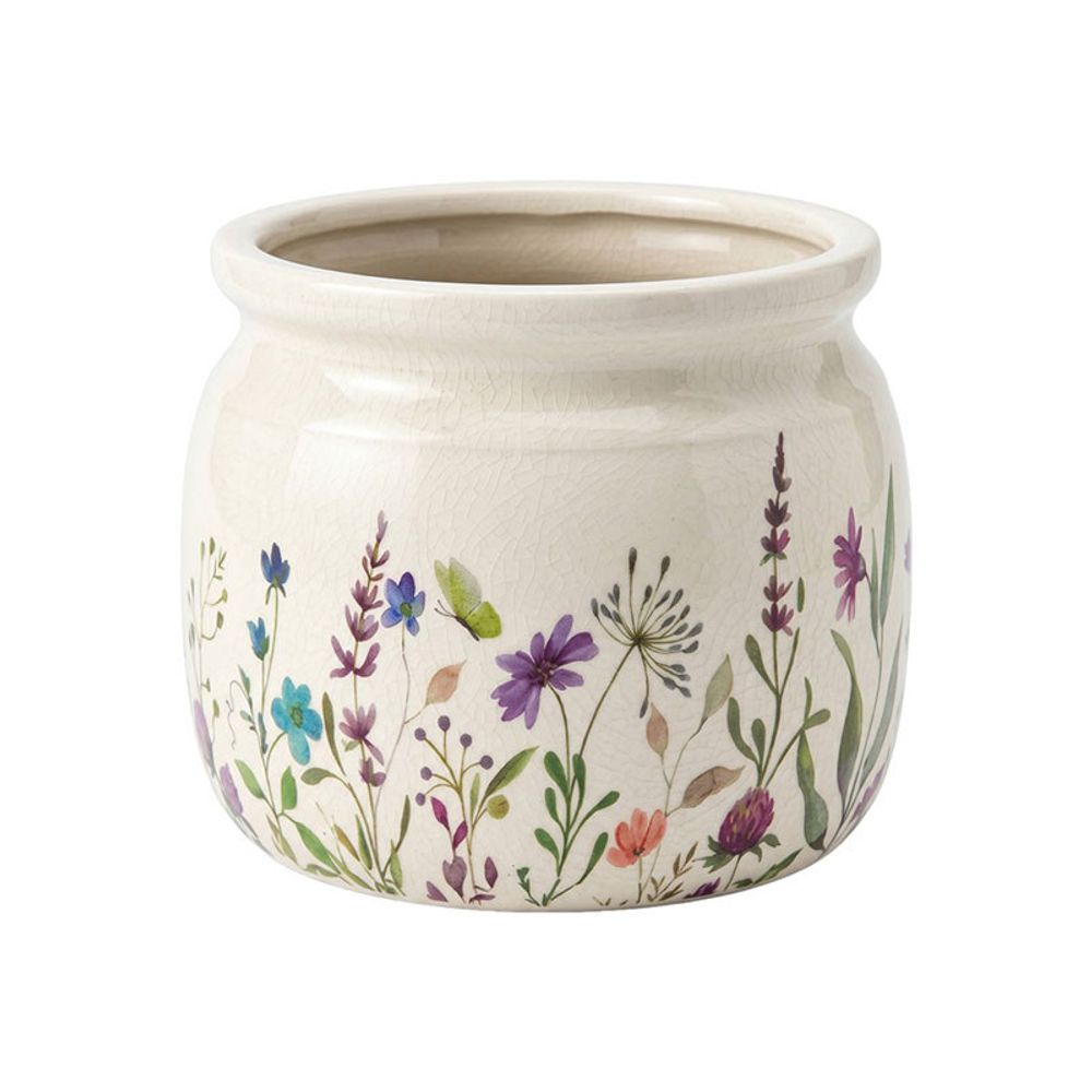 Pot de fleurs céramique beige fleurs 16x13cm