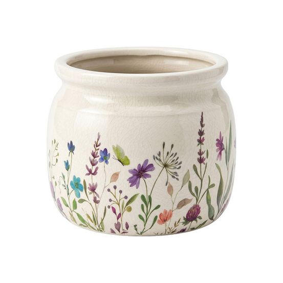 Pot de fleurs céramique beige fleurs 16x13cm