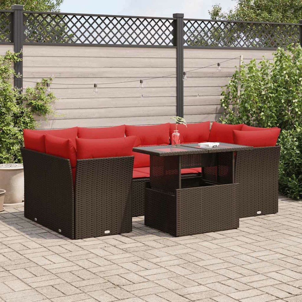 Salon de jardin avec coussins 7pcs marron résine tressée acacia