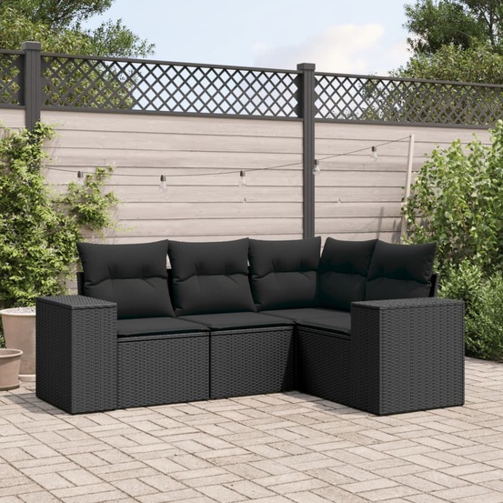 Salon de jardin 4 pcs avec coussins noir résine tressée