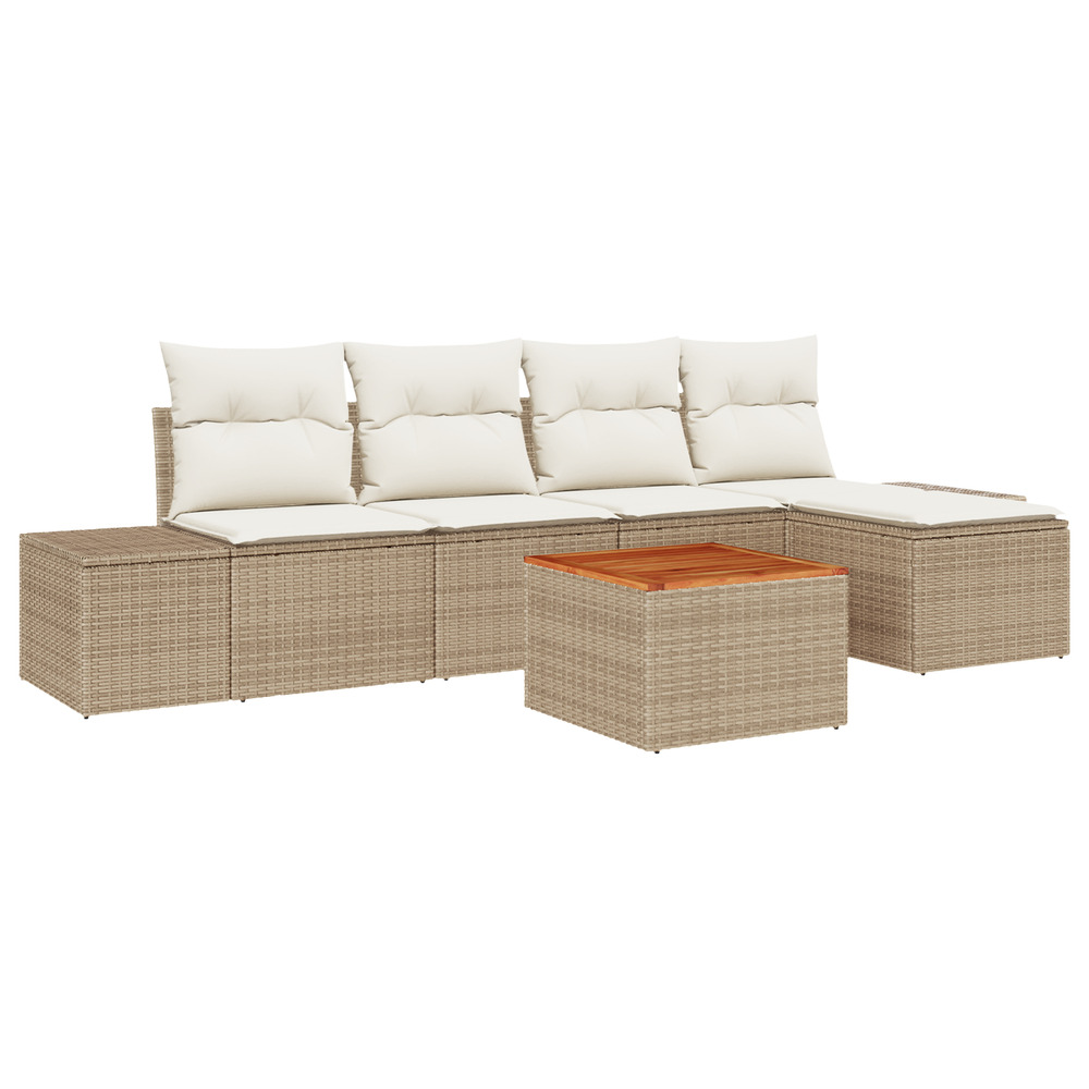 Ensemble de canapés de jardin 6 pièces avec coussins beige rotin synthétique acacia