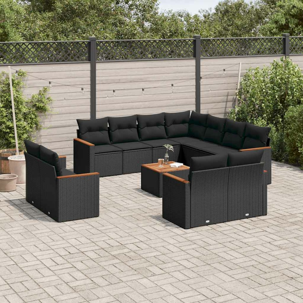 Salon de jardin 12 pcs avec coussins noir résine tressée