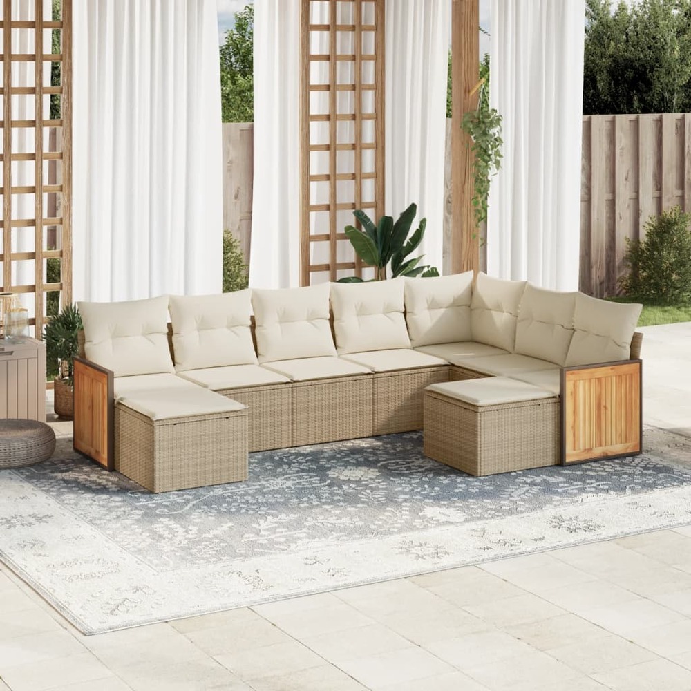 Salon de jardin avec coussins 9 pcs beige résine tressée