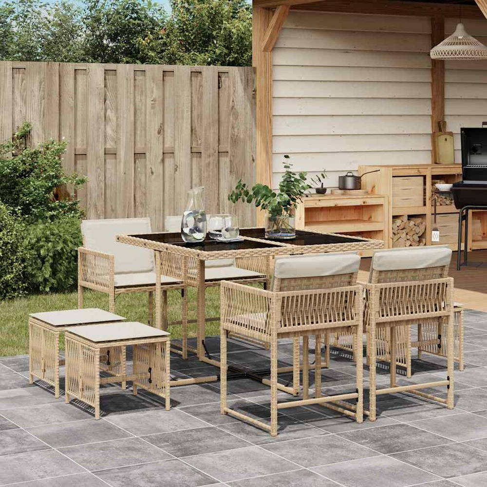 Ensemble à manger de jardin et coussins 9 pcs beige poly rotin