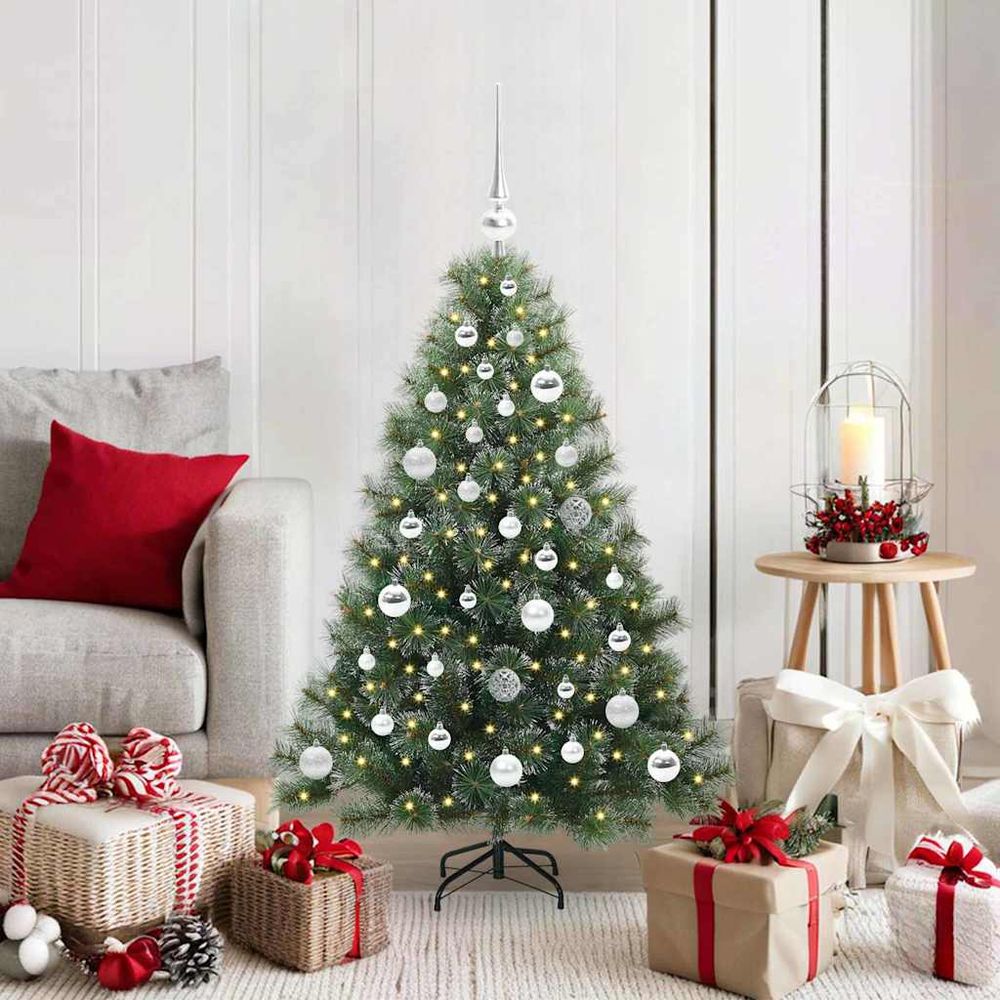 Kit sapin de noël lumineux 120 cm tout-en-un, 150 led blanc chaud & décorations