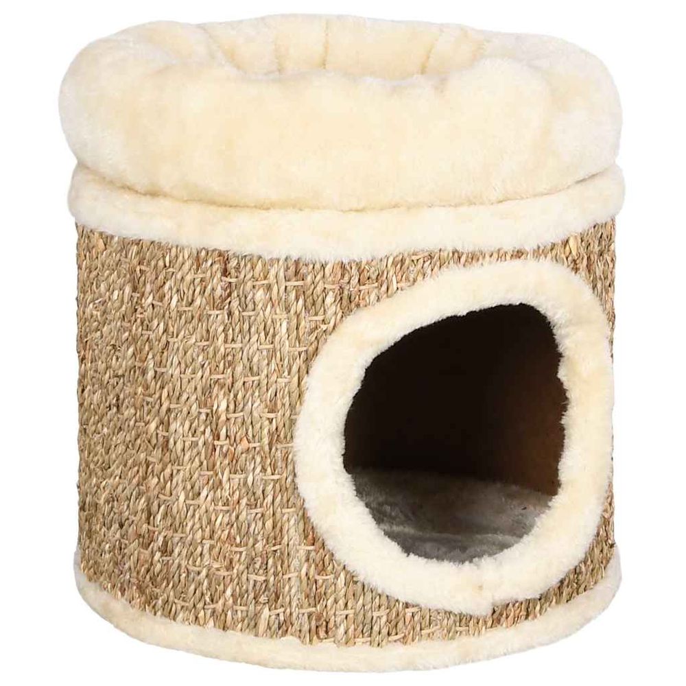 Niche pour chat en herbiers marins avec lit douillet et griffoir intégré beige