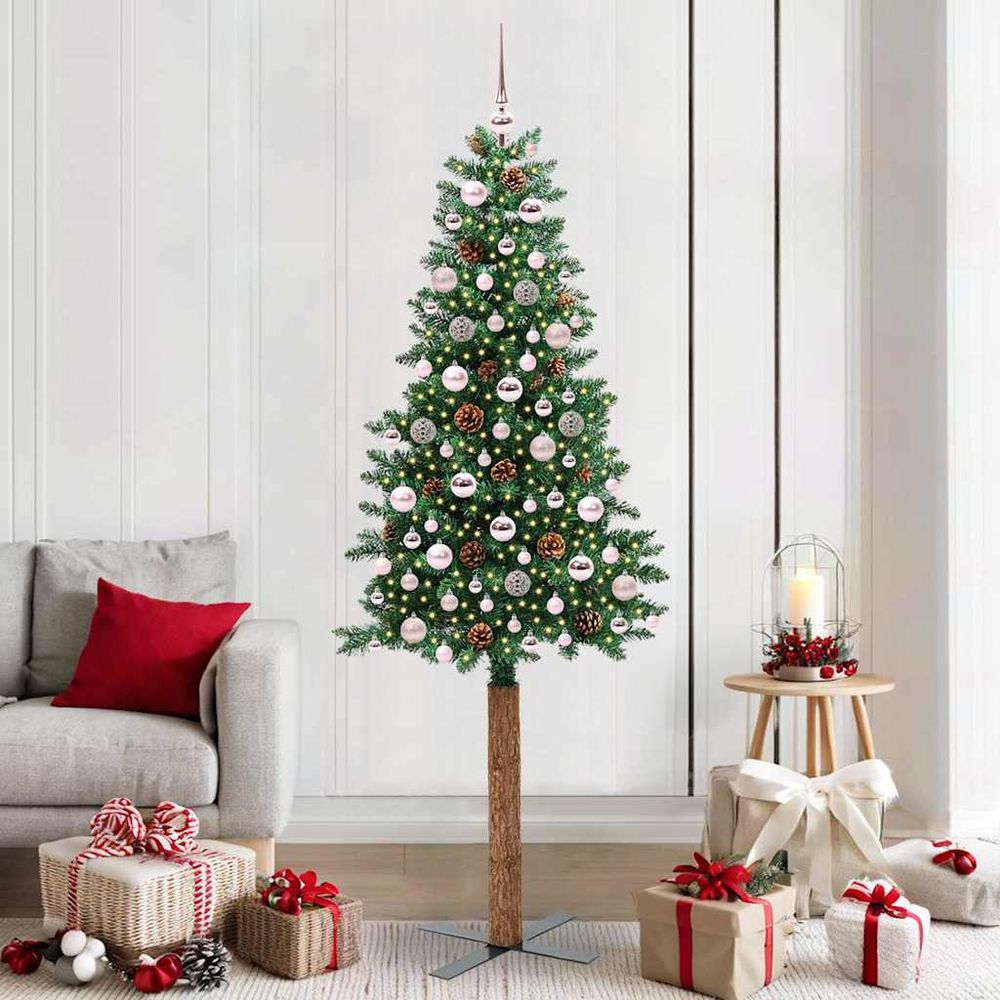 Sapin de noël tout-en-un 210 cm, design mince avec lumières led et ornements intégrés