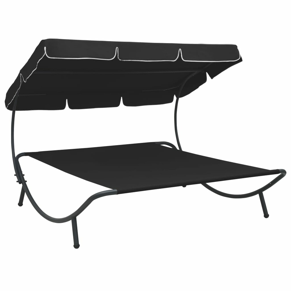 Lit de repos chaise longue transat d'extérieur 200 cm avec auvent noir