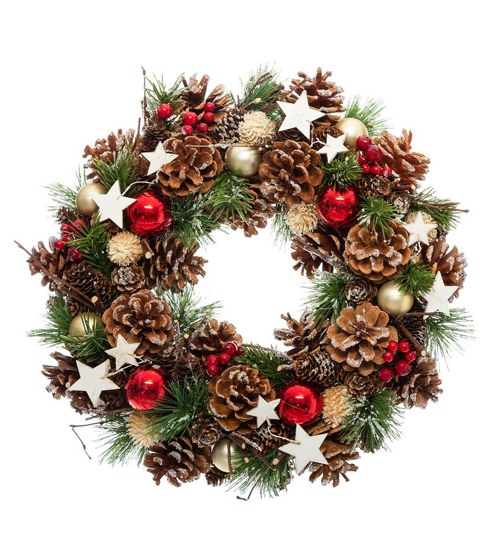 Couronne de noël houx étoiles pommes de pin d 35 cm