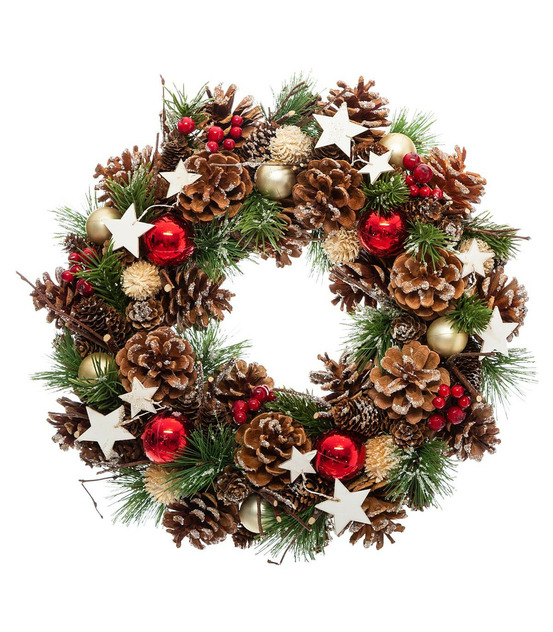 Couronne de noël houx étoiles pommes de pin d 35 cm