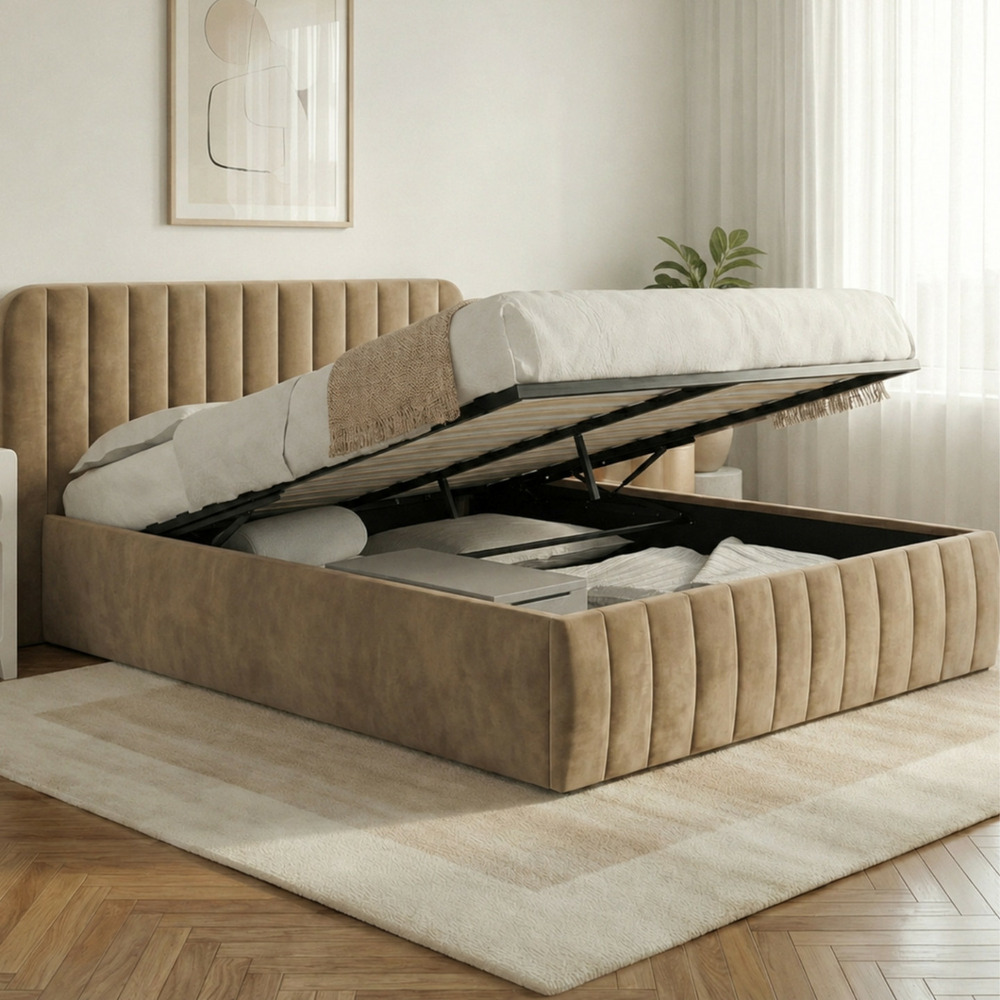 Lit coffre double alba avec tête de lit et sommier 140 x 190 cm velours taupe