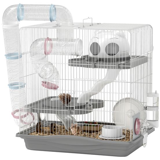 Cage hamster métal 45x30x45 cm gris 3 niveaux tunnels roue et accessoires