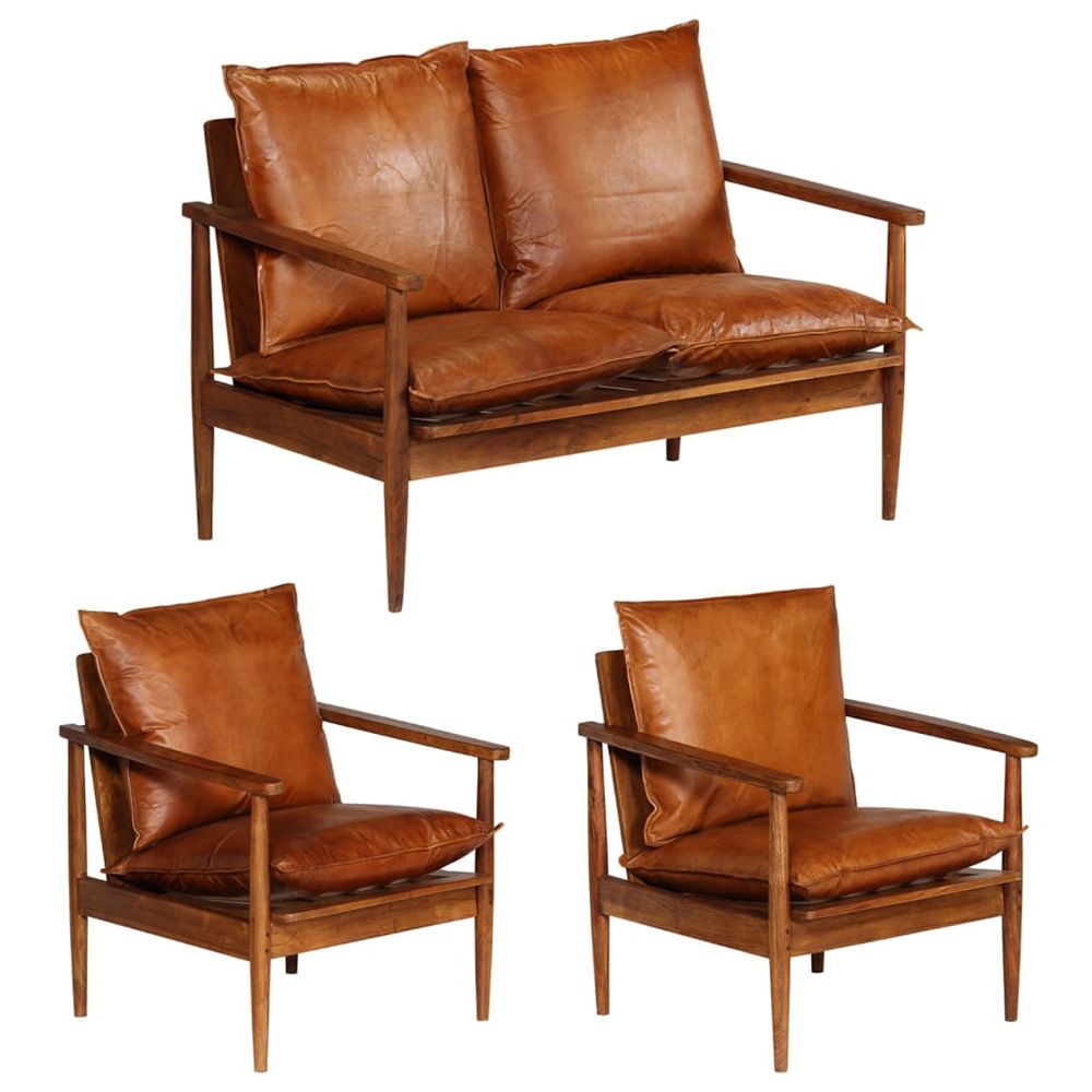 Ensemble de canapés 3 pcs cuir véritable bois massif d'acacia
