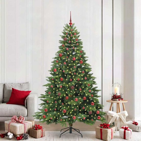 Sapin de noël artificiel dense 210cm tout inclus : 120 boules et guirlande 300 led