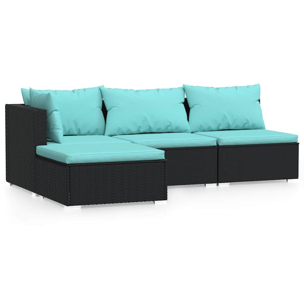 Salon de jardin 4 pcs avec coussins noir résine tressée