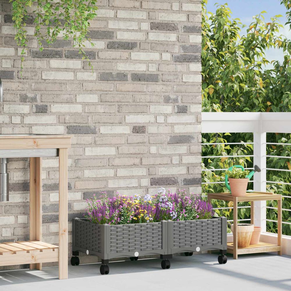 Bac potager bas en polypropylène pour balcon avec drainage et roulettes 80cm gris clair