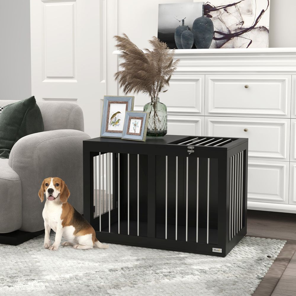 Cage chien intérieur design bois mdf acier 2 portes toit ouvrant 80cm noir - comfortxl pet living