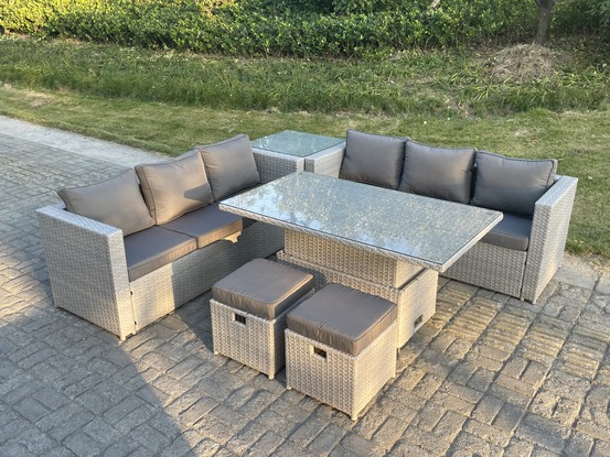 Salon de jardin exterieur table à manger réglable en hauteur ave canapé table d'appoint petit tabourets gris clair