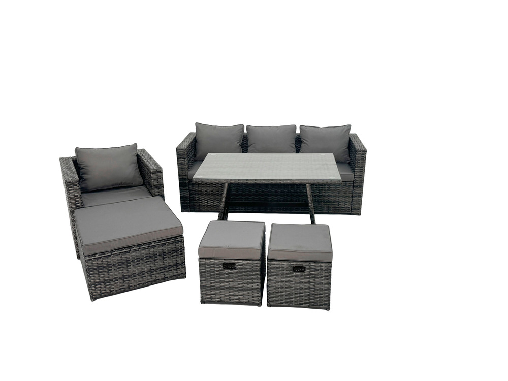 Gris foncé mixte salon de jardin extérieur en résine avec fauteuil table à manger grand tabouret 2 petits tabourets 7 places