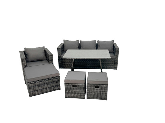 Gris foncé mixte salon de jardin extérieur en résine avec fauteuil table à manger grand tabouret 2 petits tabourets 7 places