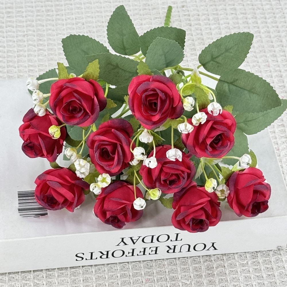 Fleurs artificielles, gypsophile et rose diamant 2 pièces rouge
