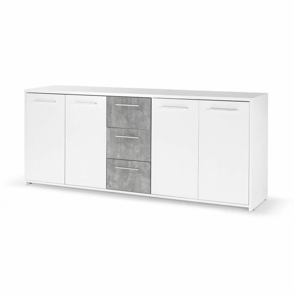 Buffet bas - panneaux de particules - blanc et gris béton - 4 portes + 3 tiroirs - 179 x 42 x 74,5 cm