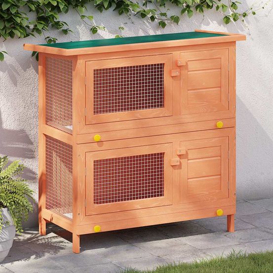 Clapier double étage en bois avec 4 portes pour lapins et rongeurs