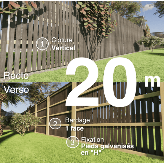 Kit clôture bois moderne 20m – h 2,3m – 20 x 70 mm noir par trempage – pose vertical – simple face – support galva