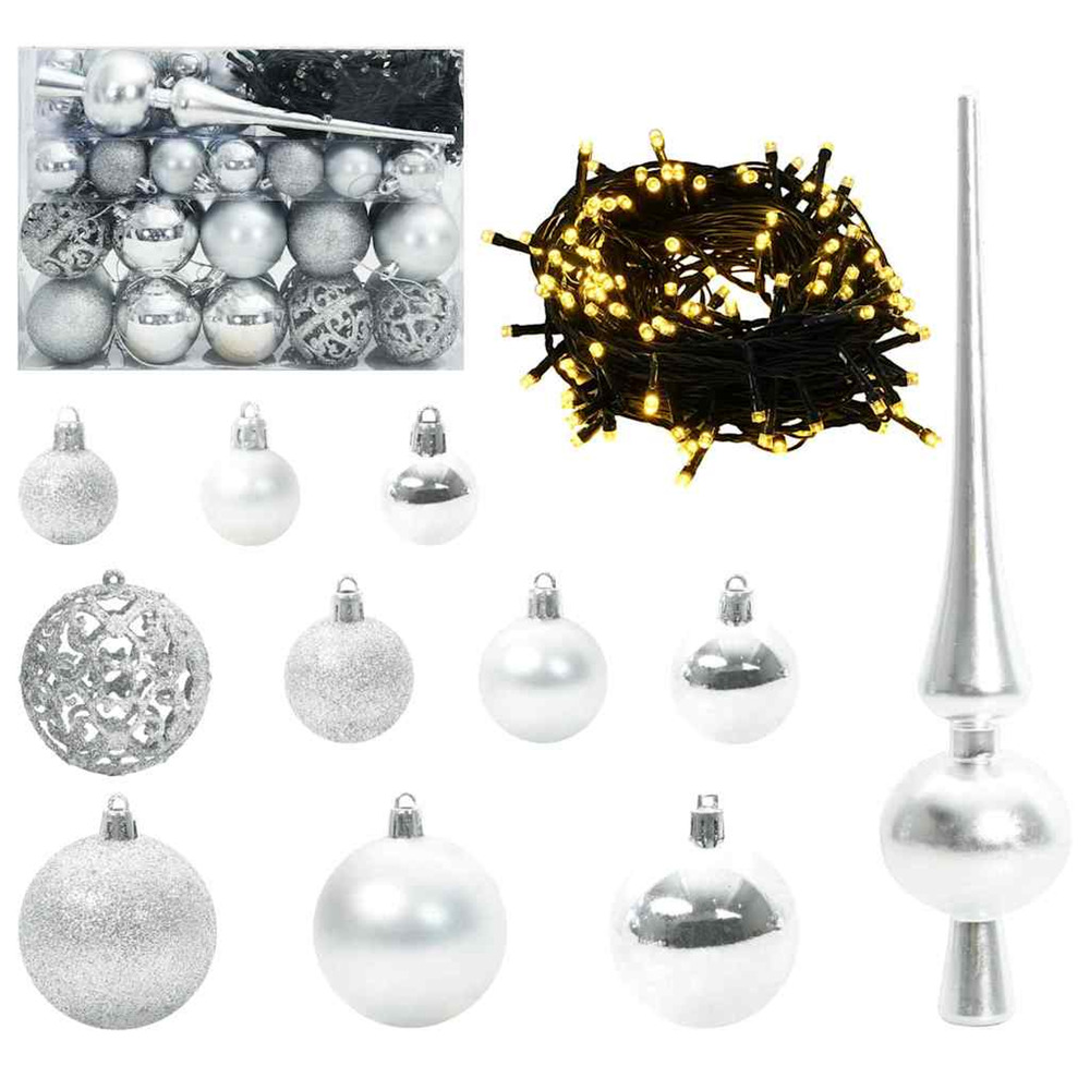Ensemble de boules de noël avec 150 led 61 pcs argent plastique