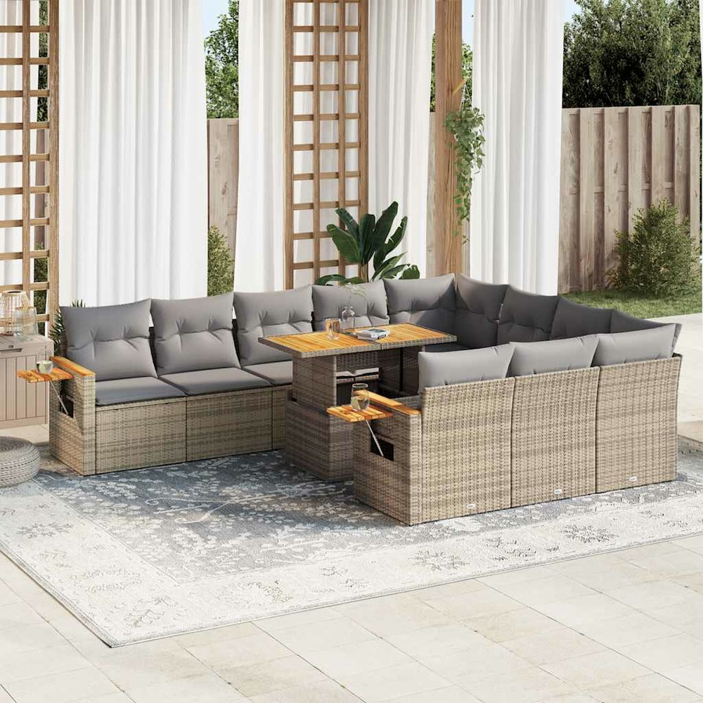 Salon de jardin 11pcs avec coussins beige résine tressée acacia